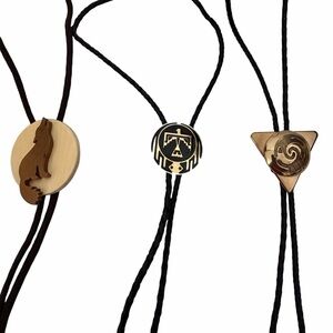 3 Bolo Ties Alaska Birch Wood Coyote, Silver Brass & Black Thunderbird, Triangle